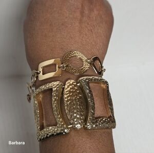 2 Gold-tone Hammered and Polished Open Rectangular Bracelets